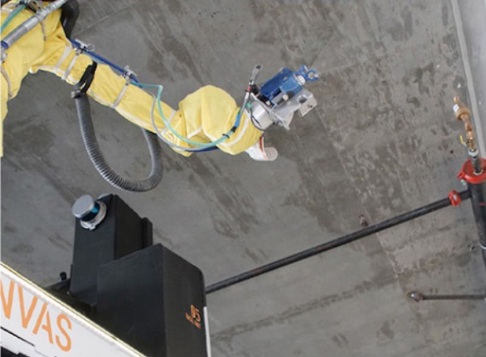 Canvas robotic arm finishing a concrete ceiling
